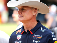 Former Formula 1 driver David Coulthard wears a cowboy hat at a private preview event for Red Bull's Houston Showrun in Houston, Texas, on S...