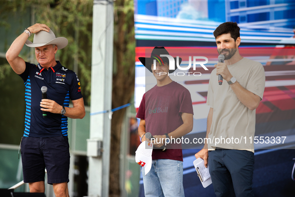 Former Formula 1 driver David Coulthard and Red Bull Junior Driver Arvid Lindblad wear cowboy hats as they are welcomed to Texas at a privat...