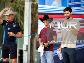 Former Formula 1 driver David Coulthard and Red Bull Junior Driver Arvid Lindblad wear cowboy hats as they are welcomed to Texas at a privat...