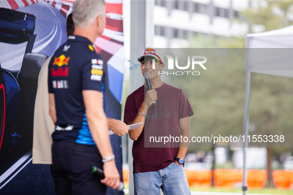 Red Bull Junior Driver Arvid Lindblad speaks at a private preview event for Red Bull's Houston Showrun in Houston, Texas, on September 6, 20...