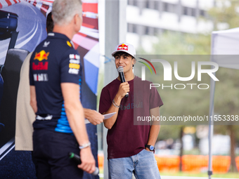 Red Bull Junior Driver Arvid Lindblad speaks at a private preview event for Red Bull's Houston Showrun in Houston, Texas, on September 6, 20...