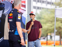 Red Bull Junior Driver Arvid Lindblad speaks at a private preview event for Red Bull's Houston Showrun in Houston, Texas, on September 6, 20...