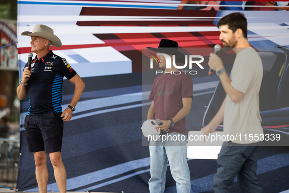 Former Formula 1 driver David Coulthard and Red Bull Junior Driver Arvid Lindblad wear cowboy hats as they are welcomed to Texas at a privat...