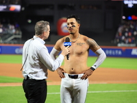 Mark Vientos #27 of the New York Mets is interviewed by SNY's Steve Gelbs after hitting a game-winning home run in the 10th inning to lift t...