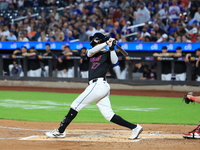 Mark Vientos #27 of the New York Mets homers during the first inning of the baseball game against the Cincinnati Reds at Citi Field in Coron...