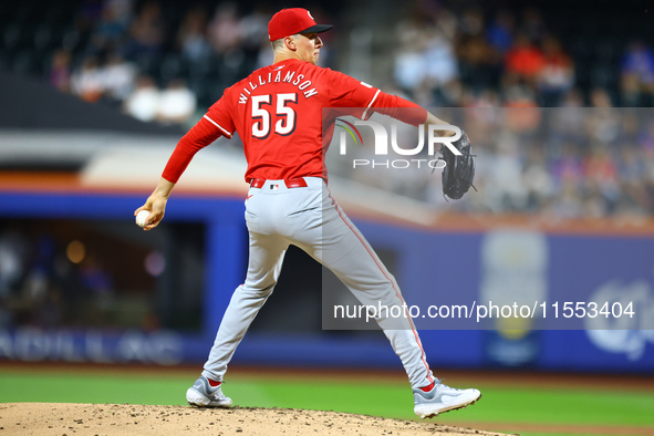 Cincinnati Reds pitcher Brandon Williamson #55 throws during the third inning of the baseball game against the New York Mets at Citi Field i...