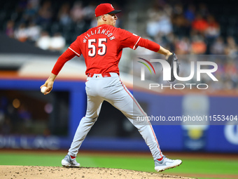 Cincinnati Reds pitcher Brandon Williamson #55 throws during the third inning of the baseball game against the New York Mets at Citi Field i...