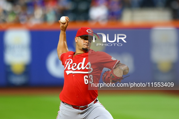 Cincinnati Reds pitcher Fernando Cruz #63 throws during the first inning of the baseball game against the New York Mets at Citi Field in Cor...