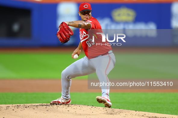 Cincinnati Reds pitcher Fernando Cruz #63 throws during the first inning of the baseball game against the New York Mets at Citi Field in Cor...