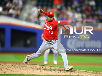 Cincinnati Reds pitcher Alexis Diaz #43 throws during the ninth inning of the baseball game against the New York Mets at Citi Field in Coron...