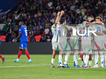 Team Italy celebration during France vs Italy, UEFA Nations League match, in Paris, France on September 6, 2024. (