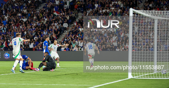 Mateo Retegui , Federico Dimarco , Giacomo Raspadori  goal celebration during France vs Italy, UEFA Nations League match, in Paris, France o...