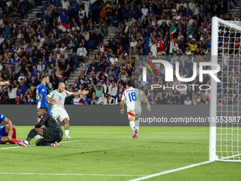 Mateo Retegui , Federico Dimarco , Giacomo Raspadori  goal celebration during France vs Italy, UEFA Nations League match, in Paris, France o...