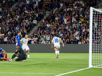 Mateo Retegui , Federico Dimarco , Giacomo Raspadori  goal celebration during France vs Italy, UEFA Nations League match, in Paris, France o...