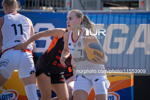 Barbara Lubaszka participates in the LOTTO 3x3 League basketball game in Sosnowiec, Poland, on September 6, 2024. The Lotto 3x3 Liga tournam...