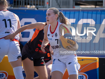 Barbara Lubaszka participates in the LOTTO 3x3 League basketball game in Sosnowiec, Poland, on September 6, 2024. The Lotto 3x3 Liga tournam...