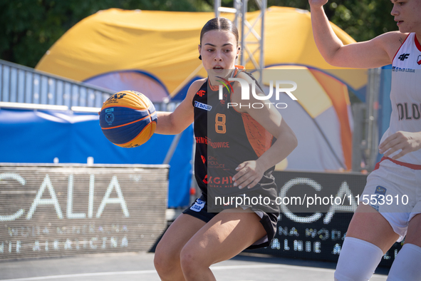 Martyna Kuriata participates in the LOTTO 3x3 League basketball game in Sosnowiec, Poland, on September 6, 2024. The Lotto 3x3 Liga tourname...