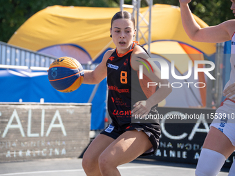 Martyna Kuriata participates in the LOTTO 3x3 League basketball game in Sosnowiec, Poland, on September 6, 2024. The Lotto 3x3 Liga tourname...