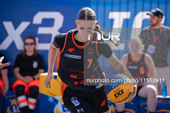 Inga Stepien participates in the LOTTO 3x3 League basketball game in Sosnowiec, Poland, on September 6, 2024. The Lotto 3x3 Liga tournament...