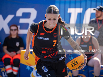 Inga Stepien participates in the LOTTO 3x3 League basketball game in Sosnowiec, Poland, on September 6, 2024. The Lotto 3x3 Liga tournament...