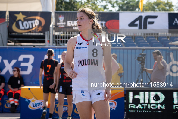 Katsiaryna Lagutkowa participates in the LOTTO 3x3 League basketball game in Sosnowiec, Poland, on September 6, 2024. The Lotto 3x3 Liga tou...