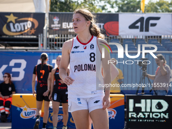 Katsiaryna Lagutkowa participates in the LOTTO 3x3 League basketball game in Sosnowiec, Poland, on September 6, 2024. The Lotto 3x3 Liga tou...