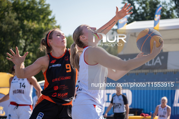 Barbara Lubaszka participates in the LOTTO 3x3 League basketball game in Sosnowiec, Poland, on September 6, 2024. The Lotto 3x3 Liga tournam...