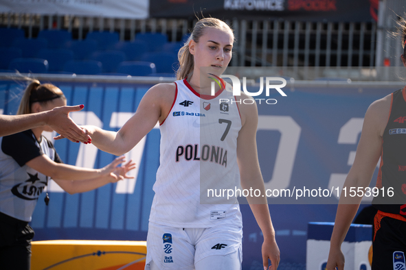 Barbara Lubaszka participates in the LOTTO 3x3 League basketball game in Sosnowiec, Poland, on September 6, 2024. The Lotto 3x3 Liga tournam...