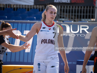 Barbara Lubaszka participates in the LOTTO 3x3 League basketball game in Sosnowiec, Poland, on September 6, 2024. The Lotto 3x3 Liga tournam...