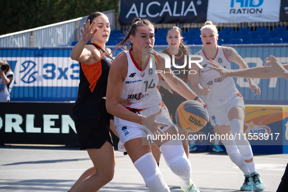 Bozena Puter participates in the LOTTO 3x3 League basketball game in Sosnowiec, Poland, on September 6, 2024. The Lotto 3x3 Liga tournament...