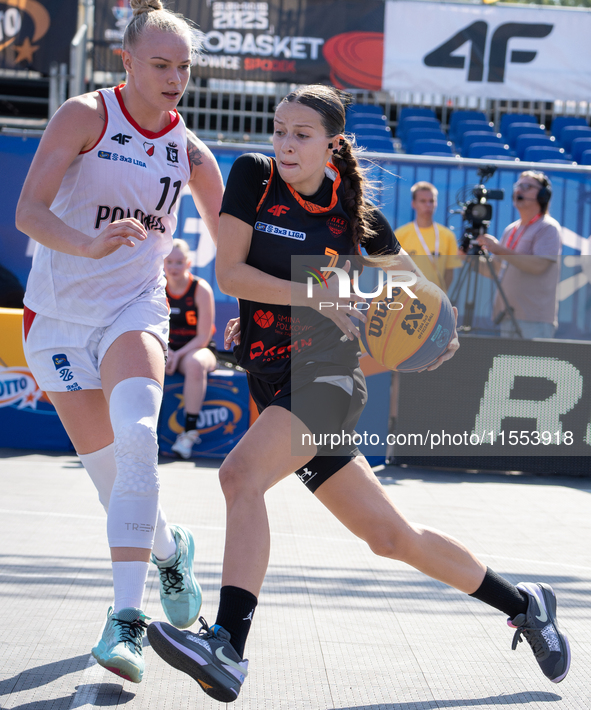 Inga Stepien participates in the LOTTO 3x3 League basketball game in Sosnowiec, Poland, on September 6, 2024. The Lotto 3x3 Liga tournament...