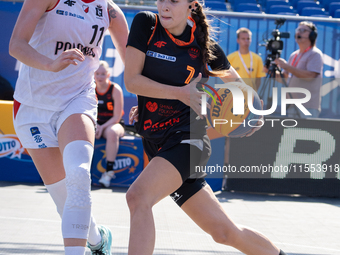 Inga Stepien participates in the LOTTO 3x3 League basketball game in Sosnowiec, Poland, on September 6, 2024. The Lotto 3x3 Liga tournament...