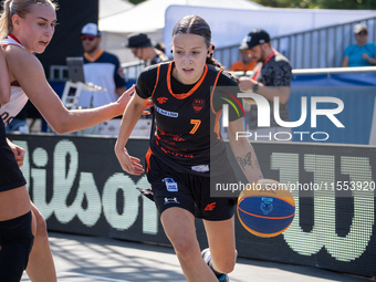 Inga Stepien participates in the LOTTO 3x3 League basketball game in Sosnowiec, Poland, on September 6, 2024. The Lotto 3x3 Liga tournament...