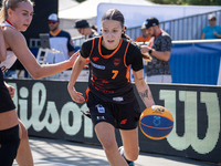 Inga Stepien participates in the LOTTO 3x3 League basketball game in Sosnowiec, Poland, on September 6, 2024. The Lotto 3x3 Liga tournament...