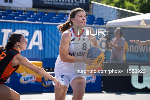 Katsiaryna Lagutkowa participates in the LOTTO 3x3 League basketball game in Sosnowiec, Poland, on September 6, 2024. The Lotto 3x3 Liga tou...