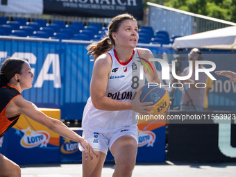 Katsiaryna Lagutkowa participates in the LOTTO 3x3 League basketball game in Sosnowiec, Poland, on September 6, 2024. The Lotto 3x3 Liga tou...