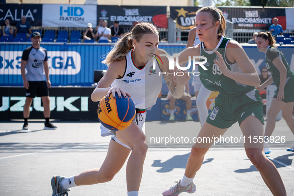 Aleksandra Kuczynska participates in the LOTTO 3x3 League basketball game in Sosnowiec, Poland, on September 6, 2024. Lotto 3x3 Liga tournam...