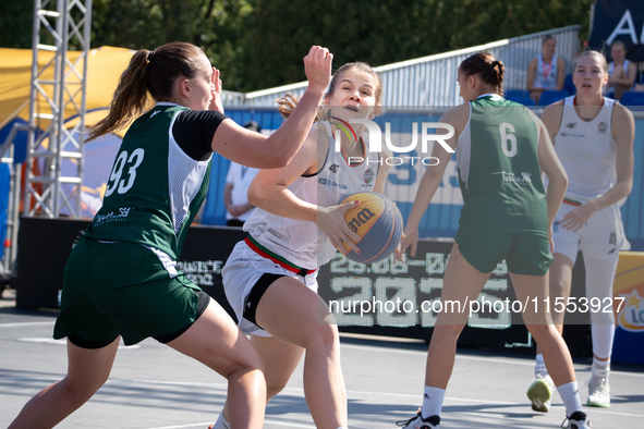 Aleksandra Rok participates in the LOTTO 3x3 League basketball game in Sosnowiec, Poland, on September 6, 2024. The Lotto 3x3 Liga tournamen...