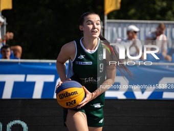 Wiktoria Kaczmarek participates in the LOTTO 3x3 League basketball game in Sosnowiec, Poland, on September 6, 2024. The Lotto 3x3 Liga tourn...