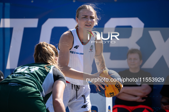 Aleksandra Kuczynska participates in the LOTTO 3x3 League basketball game in Sosnowiec, Poland, on September 6, 2024. Lotto 3x3 Liga tournam...