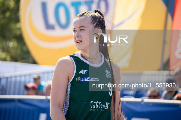 Wiktoria Kaczmarek participates in the LOTTO 3x3 League basketball game in Sosnowiec, Poland, on September 6, 2024. The Lotto 3x3 Liga tourn...