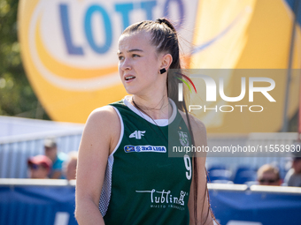 Wiktoria Kaczmarek participates in the LOTTO 3x3 League basketball game in Sosnowiec, Poland, on September 6, 2024. The Lotto 3x3 Liga tourn...