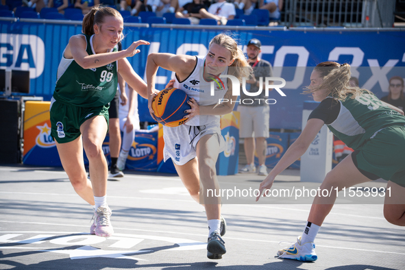 Aleksandra Kuczynska participates in the LOTTO 3x3 League basketball game in Sosnowiec, Poland, on September 6, 2024. Lotto 3x3 Liga tournam...