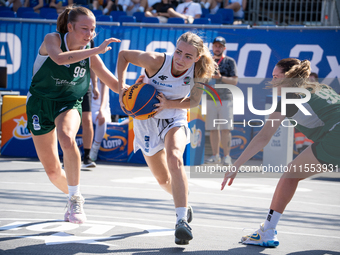 Aleksandra Kuczynska participates in the LOTTO 3x3 League basketball game in Sosnowiec, Poland, on September 6, 2024. Lotto 3x3 Liga tournam...