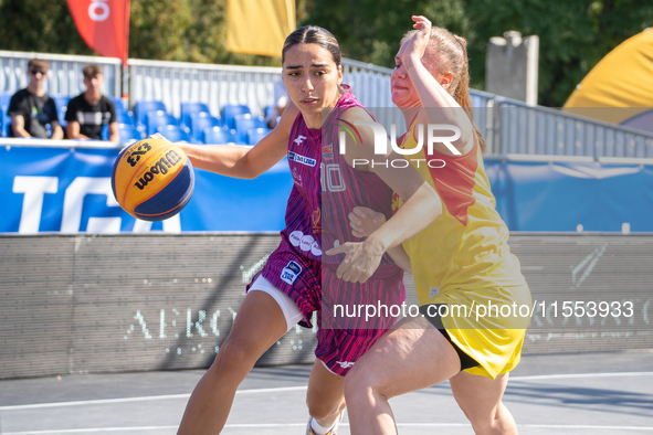 Wiktoria Sobiech participates in the LOTTO 3x3 League basketball game in Sosnowiec, Poland, on September 6, 2024. The Lotto 3x3 Liga tournam...