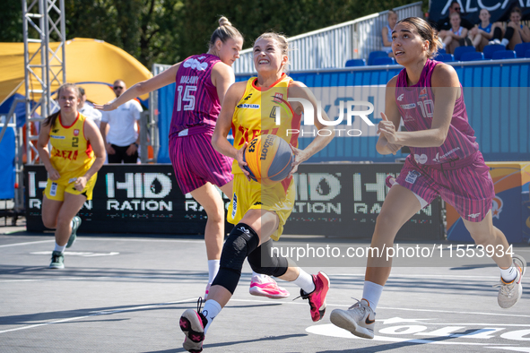 Barbara Lachacz participates in the LOTTO 3x3 League basketball game in Sosnowiec, Poland, on September 6, 2024. Lotto 3x3 Liga tournament m...