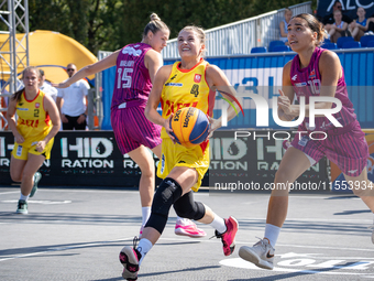 Barbara Lachacz participates in the LOTTO 3x3 League basketball game in Sosnowiec, Poland, on September 6, 2024. Lotto 3x3 Liga tournament m...