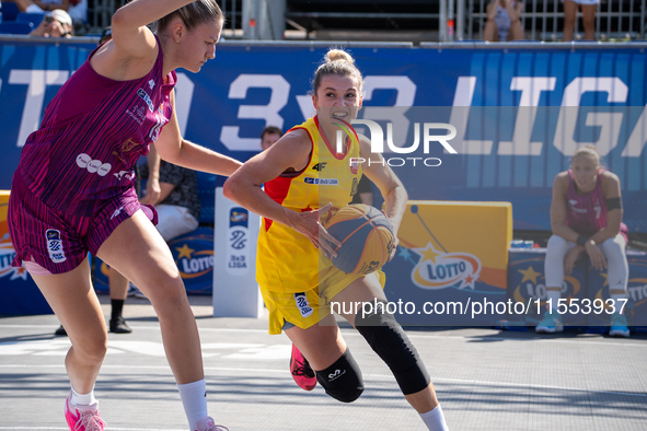 Barbara Lachacz participates in the LOTTO 3x3 League basketball game in Sosnowiec, Poland, on September 6, 2024. Lotto 3x3 Liga tournament m...