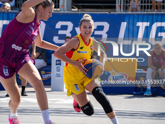 Barbara Lachacz participates in the LOTTO 3x3 League basketball game in Sosnowiec, Poland, on September 6, 2024. Lotto 3x3 Liga tournament m...