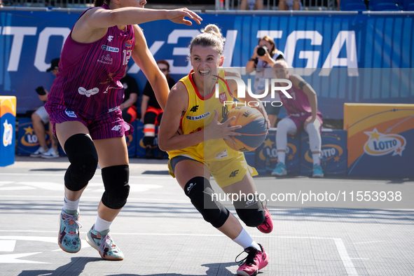 Barbara Lachacz participates in the LOTTO 3x3 League basketball game in Sosnowiec, Poland, on September 6, 2024. Lotto 3x3 Liga tournament m...